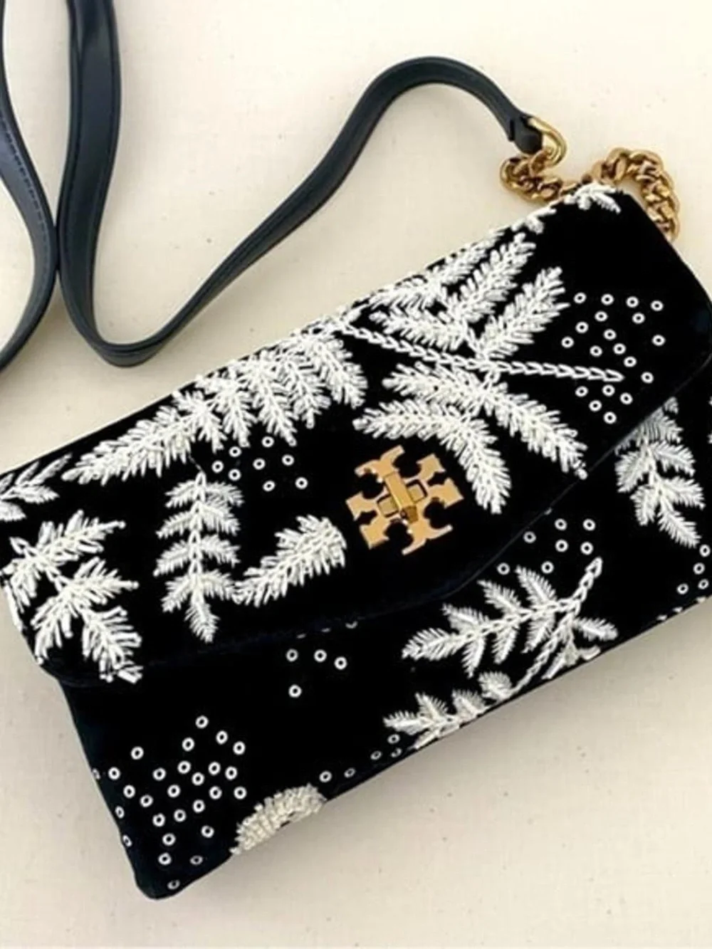 Tory Burch Black Velvet Crossbody with White Fern Embroidery & Gold Chain Strap